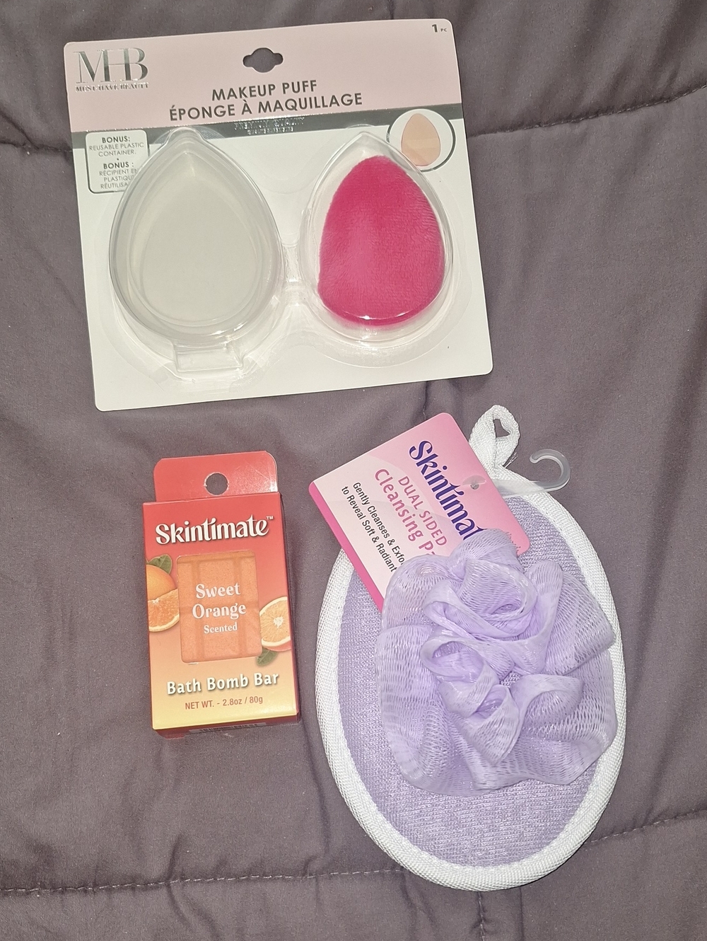 Makeup Sponge Duo & Lavender Bath Pouf Set with Sweet Orange Bath Bomb